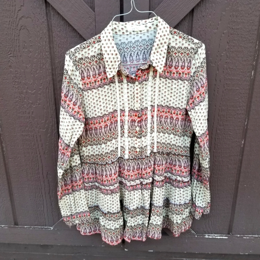 Mystree Y2k Babydoll Tiered Ruffled Tunic Long Sleeve Ivory Pink Brown Sm Boho